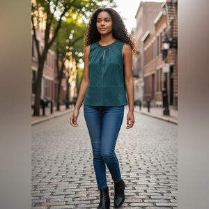 W by Worth Deep Green 100% Genuine Leather Sleeveless Keyhole Tunic Size 6
